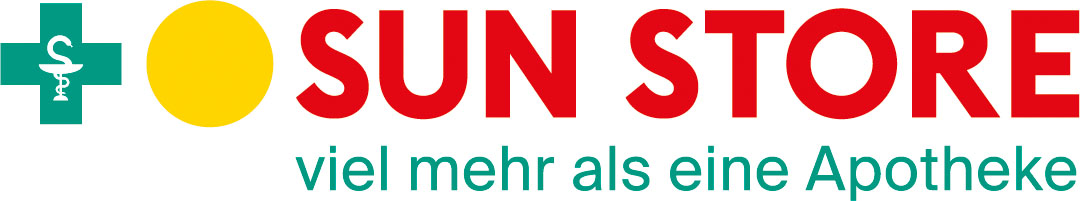 Logo der Apotheke Sun Store: Links ein grünes Apothekenzeichen, daneben ein gelber Kreis, daneben Sun Store in roter Schrift. Unter Sun Store in grüner Schrift: viel mehr als eine Apotheke.