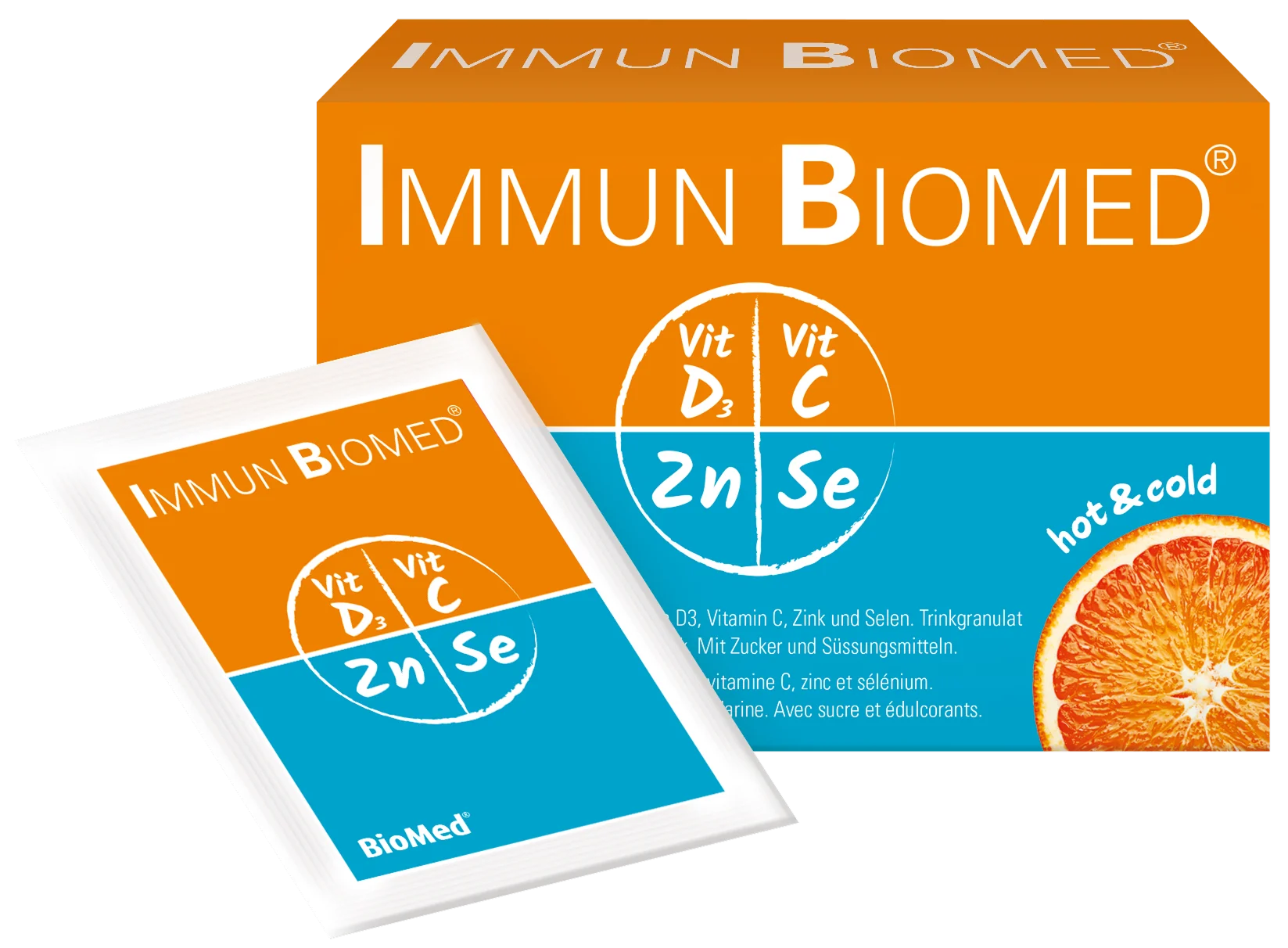 Ein Shot des Nahrungsergänzungsmittels IMMUN Biomed. Ein einzelnes Sachet liegt zusätzlich vor dem Packung..