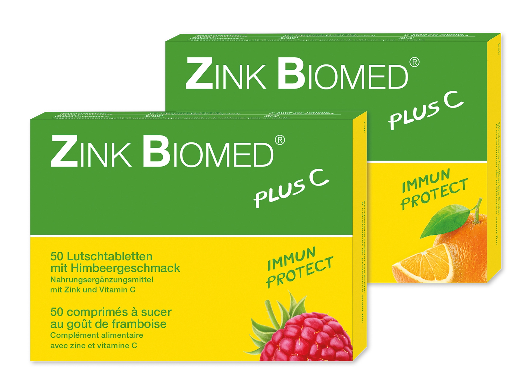 Das Nahrungsergänzungsmittel Zink Biomed Plus C ist zwei Mal abgebildet, einmal in Geschmacksrichtung Himbeer, einmal in Geschmacksrichtung Orange.